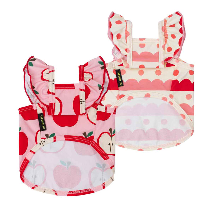 Back view of patterned dog shirt showing curved hem and belly opening for dogs