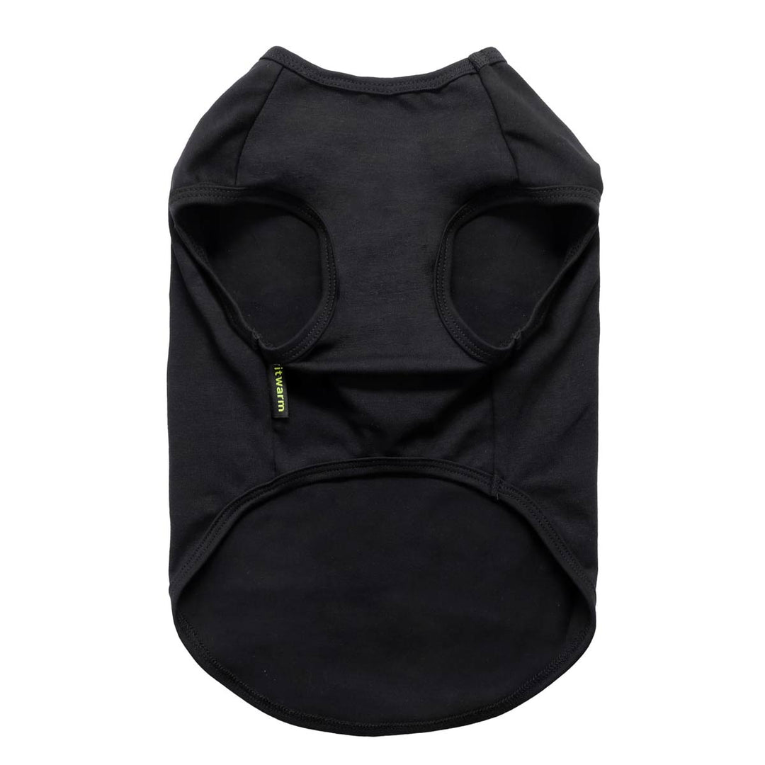 Black dog shirt shown from the back with sleeveless arm openings and a simple solid design.