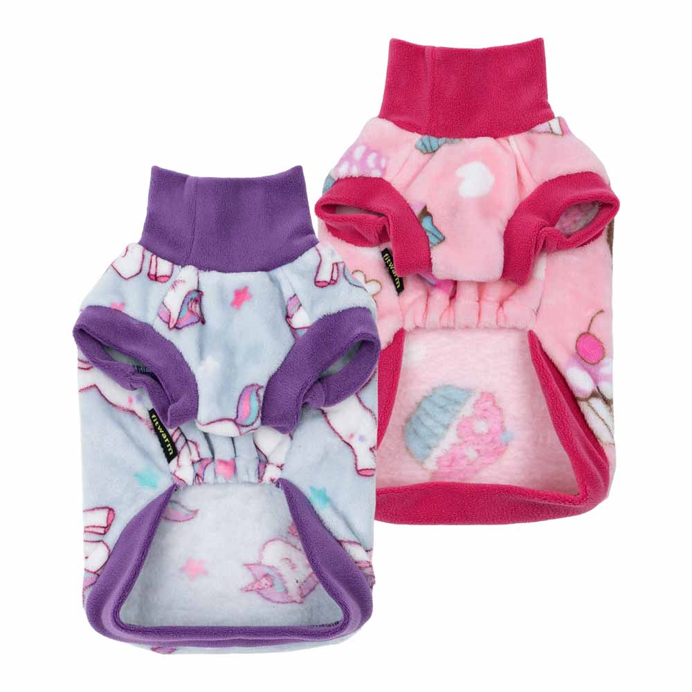 Two fleece dog sweaters, blue unicorn print with purple trim, pink cupcake print with magenta trim. Product showcase.