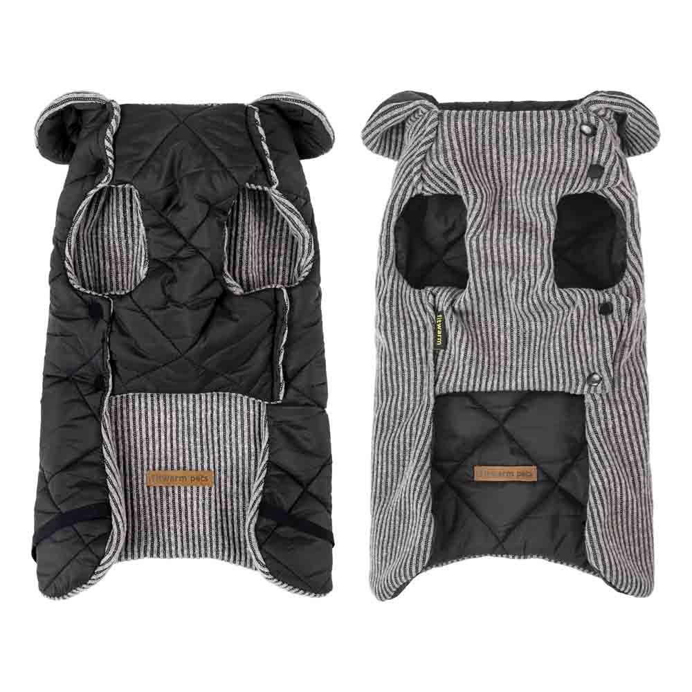 Reversible dog coat inside view with quilted black fabric and gray striped knit, showing leg openings and button closure.