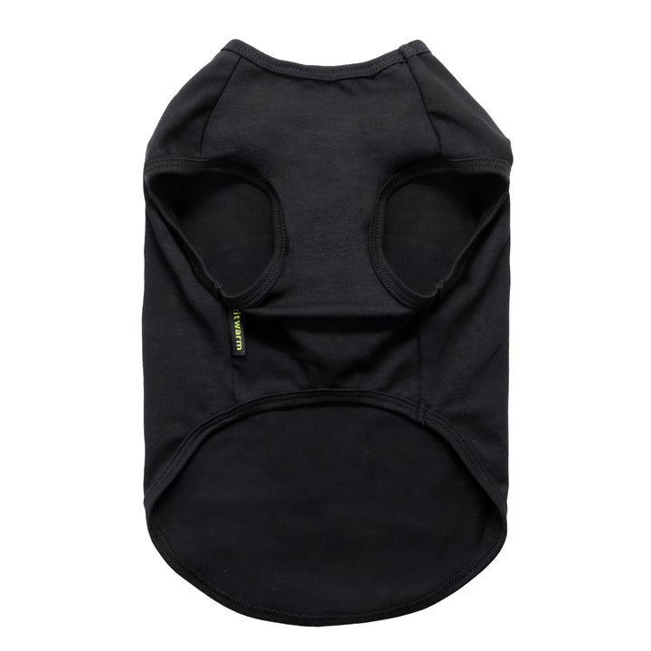 Plain black dog shirt back view with sleeveless pullover design for comfortable wear.
