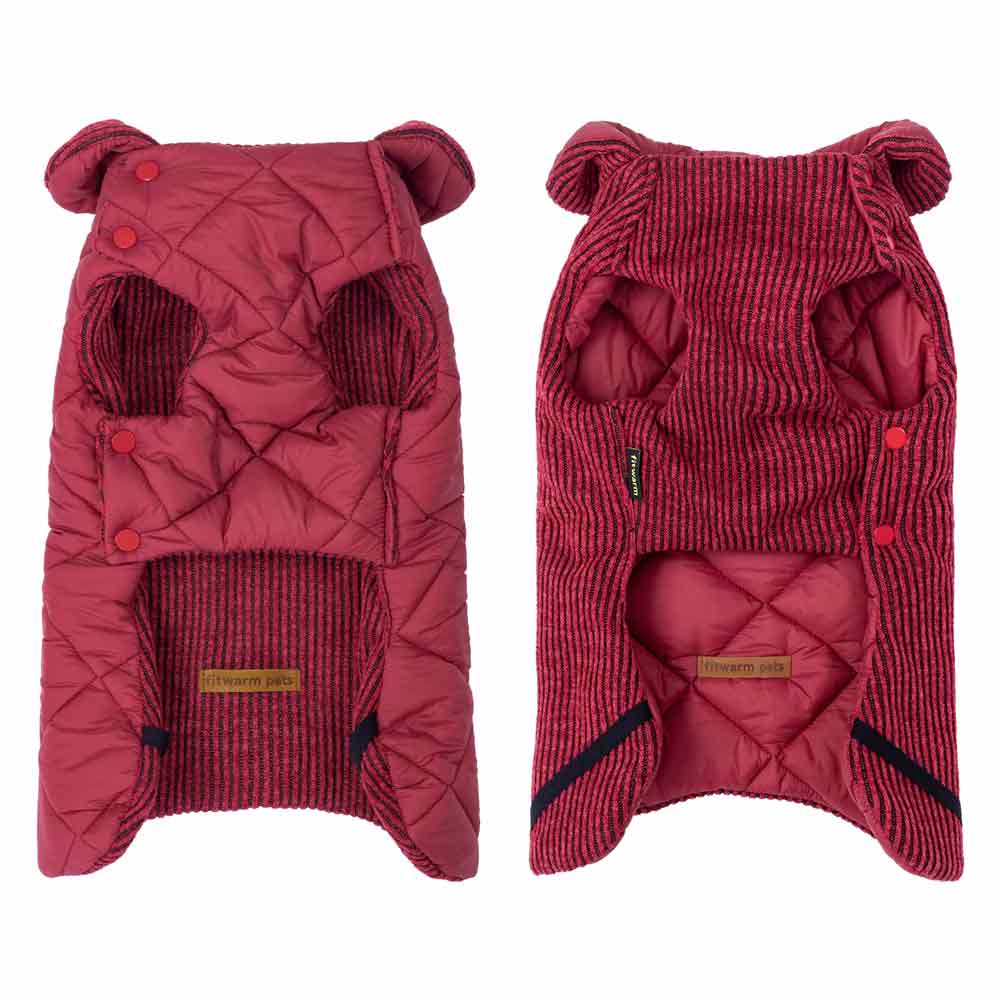 Reversible quilted knit dog coat in berry showing diamond quilting and striped knit sides with button closure.
