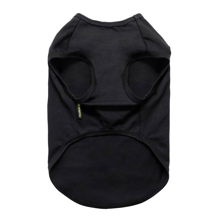 Plain black dog shirt showing the sleeveless arm openings and soft stretchy fabric design.
