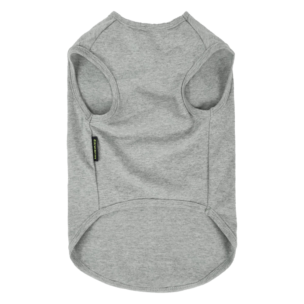 Back view of plain gray dog shirt with Fitwarm label, featuring sleeveless design and curved hem.