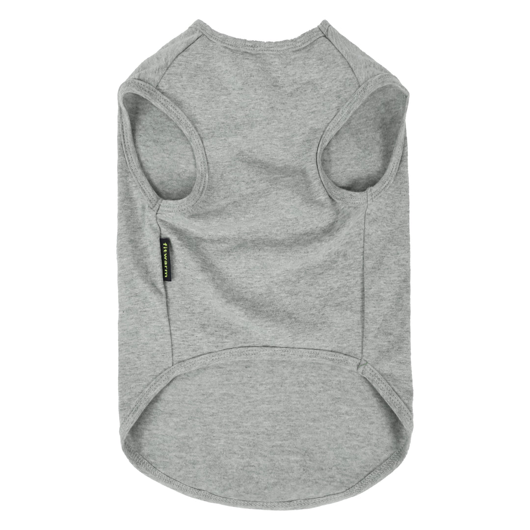 Back view of plain gray dog shirt with Fitwarm label, featuring sleeveless design and curved hem.