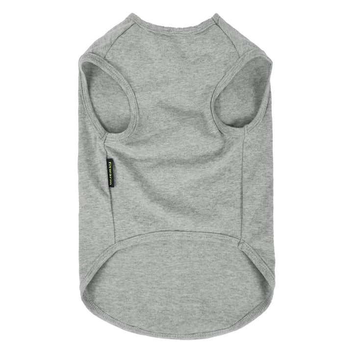 Back view of plain gray dog shirt with Fitwarm label, featuring sleeveless design and curved hem.