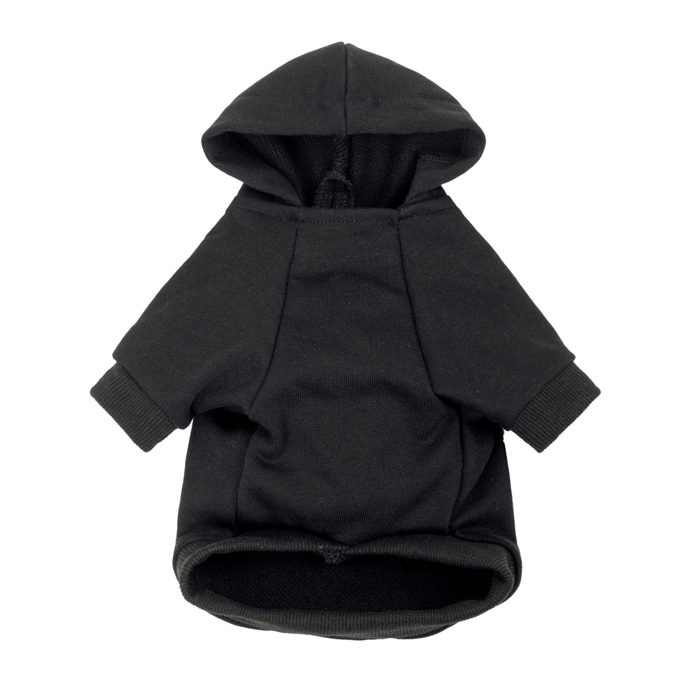 Back view of plain black dog hoodie showing hood shape and relaxed fit