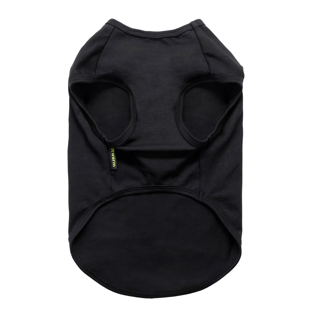 Plain black dog shirt showing the sleeveless arm openings and soft stretchy fabric design.
