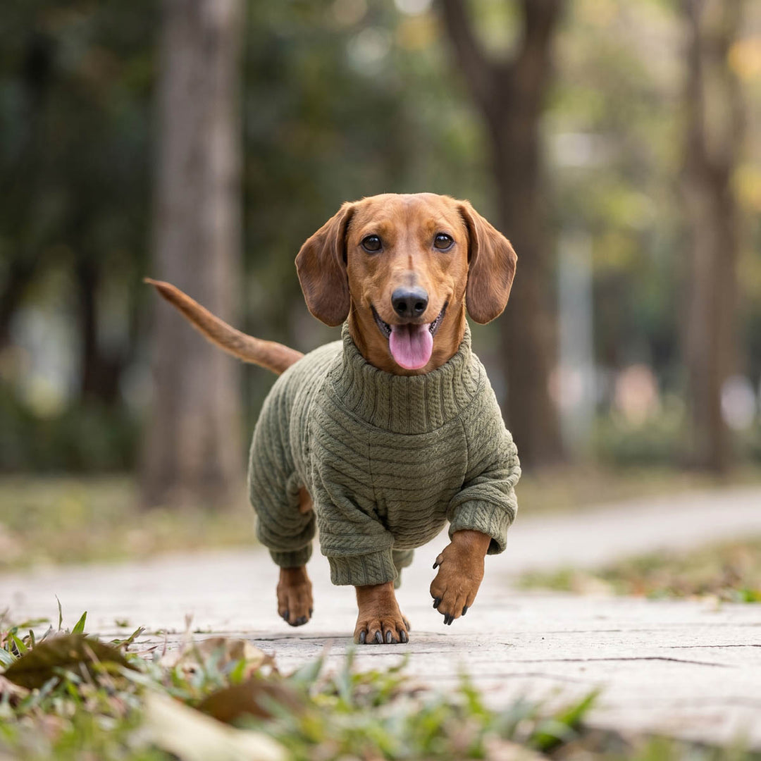 Dachshund running outdoors in a ribbed knitted dog onesie