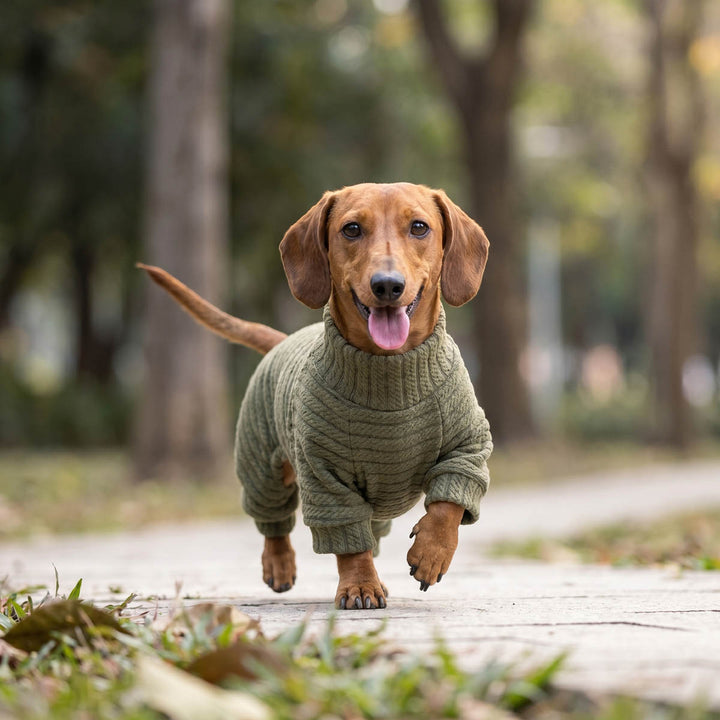 Dachshund running outdoors in a ribbed knitted dog onesie