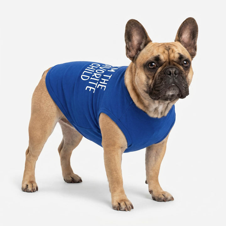 French Bulldog standing on a white background with a royal blue sleeveless dog tank top in white text that reads 'I AM THE GOOD CHILD'