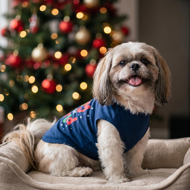 Small fluffy dog wearing a navy blue holiday dog t shirt with colorful ornaments, sitting on a beige pet bed in front of a decorated Christmas tree