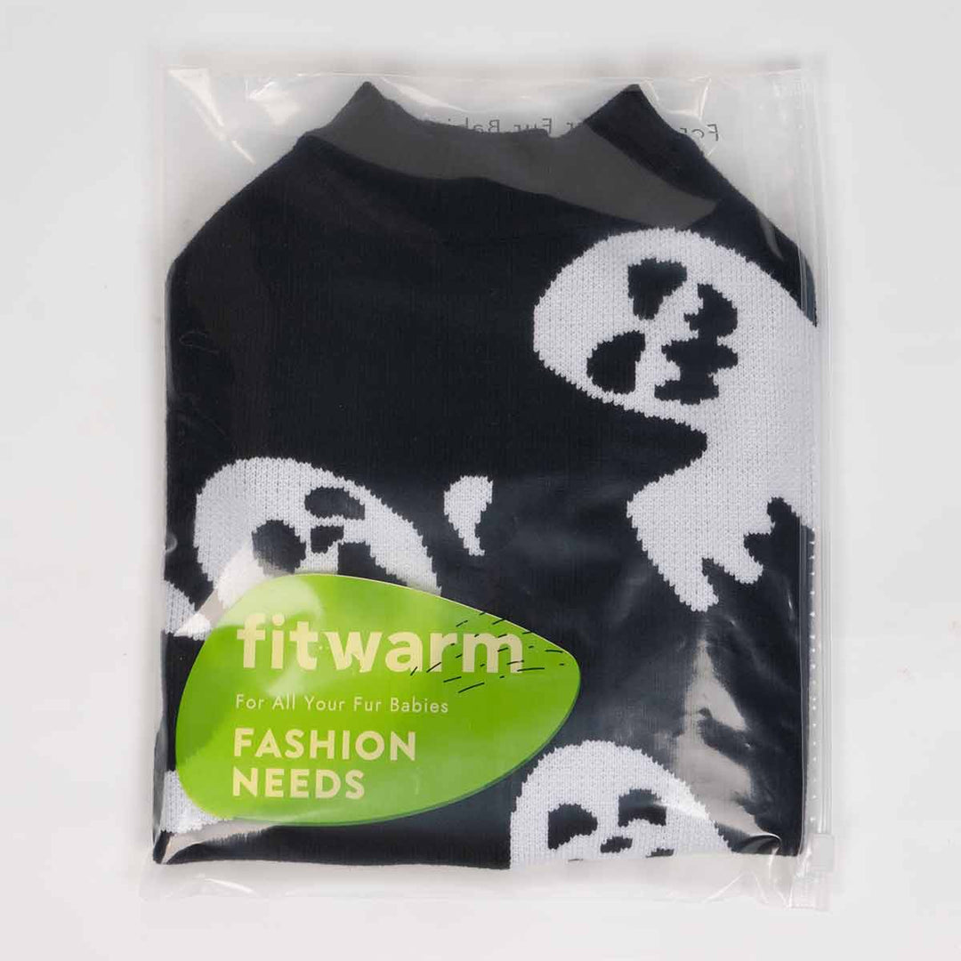 Black ghost dog sweater with white spooky patterns in fitwarm packaging - Halloween pet pullover.