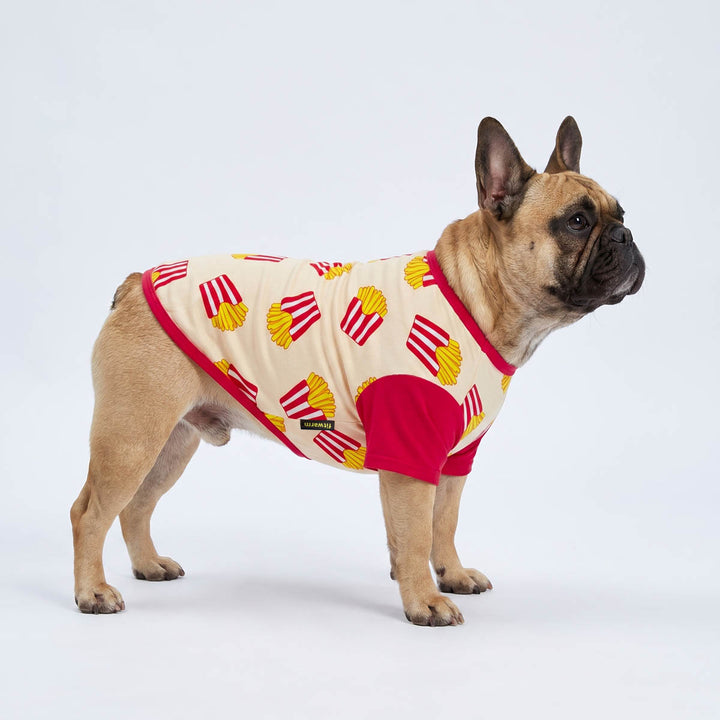 French Bulldog standing in a white background with a funny French fry dog tshirt
