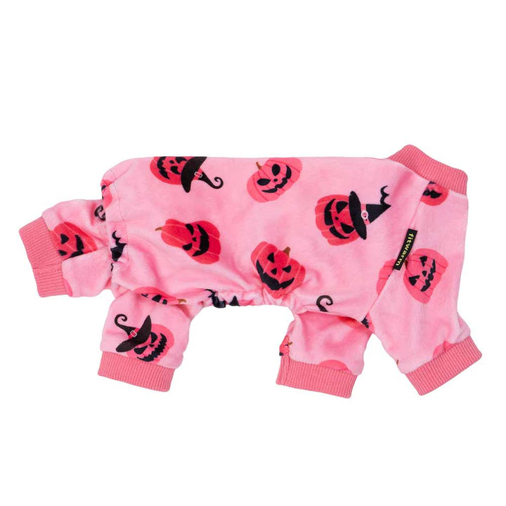 Cozy bright pink pumpkin dog pajamas in soft polyester-spandex, with fun Halloween jack-o'-lantern and witch hat patterns.