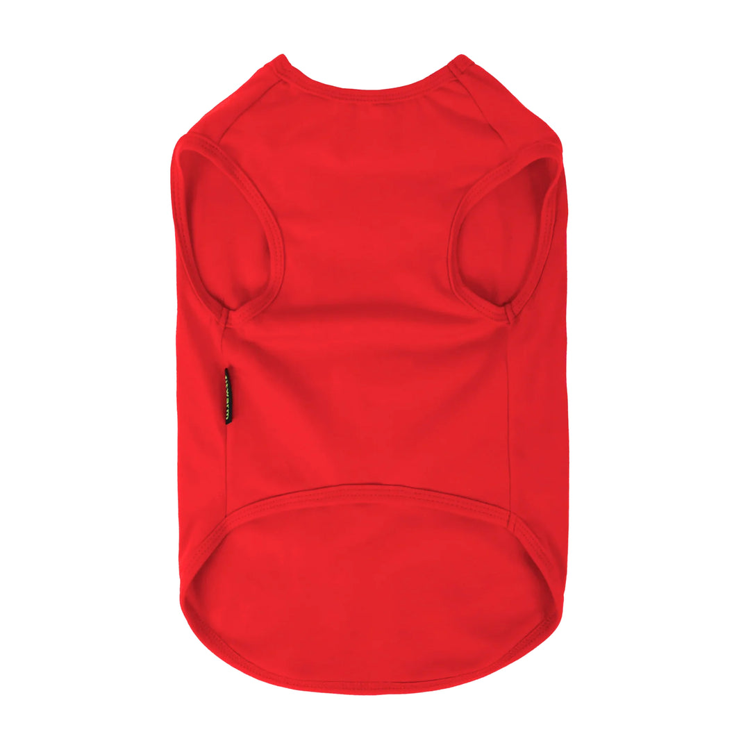 Red dog shirt shown from the back with sleeveless armholes.