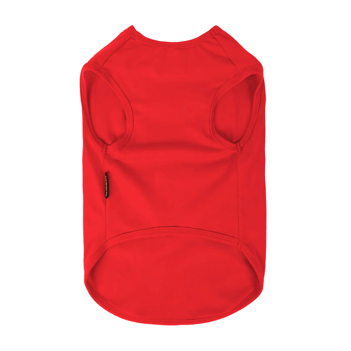 Red dog shirt shown from the back with sleeveless armholes.