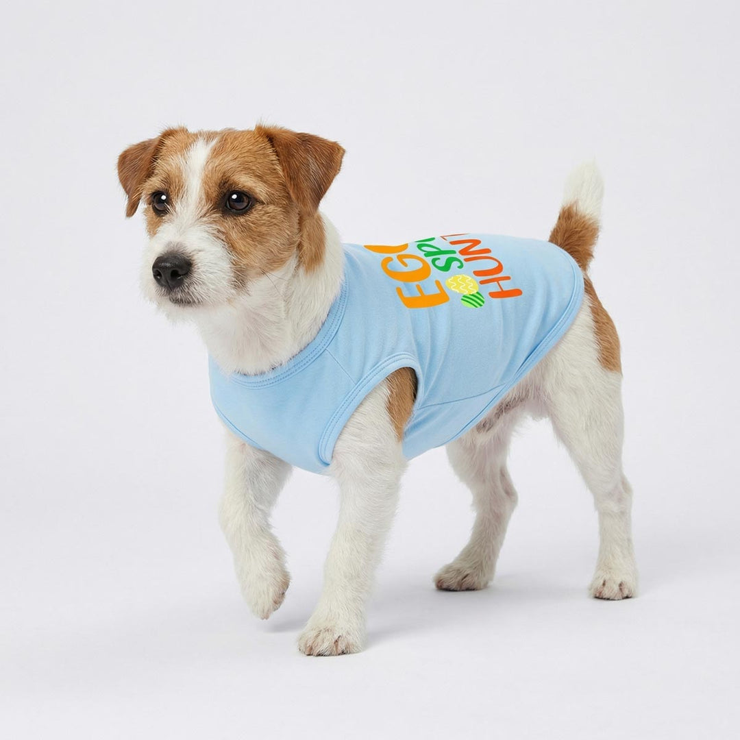 Dog wearing a light blue dog tank top with colorful text on a white background