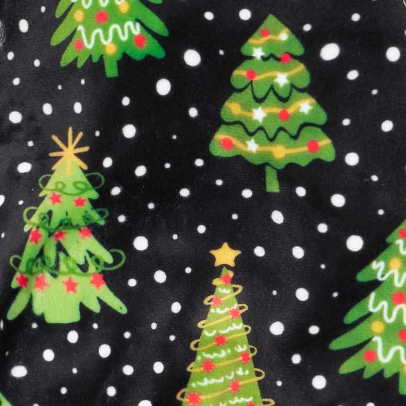 Pattern of Christmas trees with lights and stars on a black background with white polka dots.