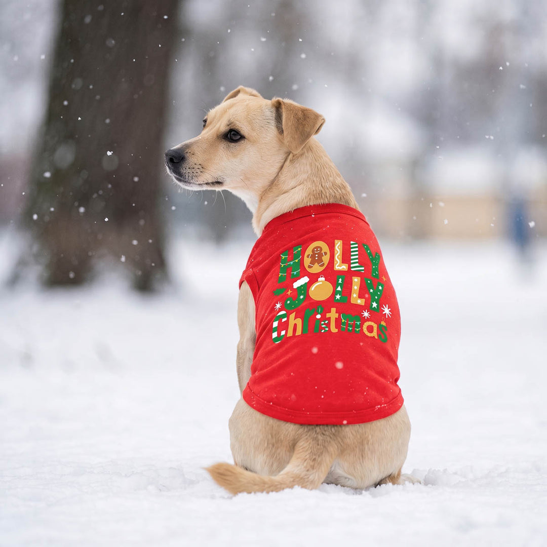 Small dog sitting in the snow wearing a red Christmas dog tank top with 'Holly Jolly Christmas' lettering in green and gold