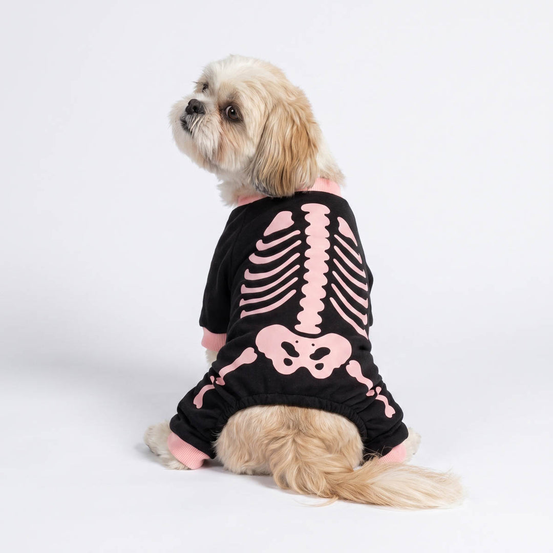 Back view of small fluffy dog wearing a black dog onesie with a pink skeleton bone print, photographed from the back against a clean white studio background