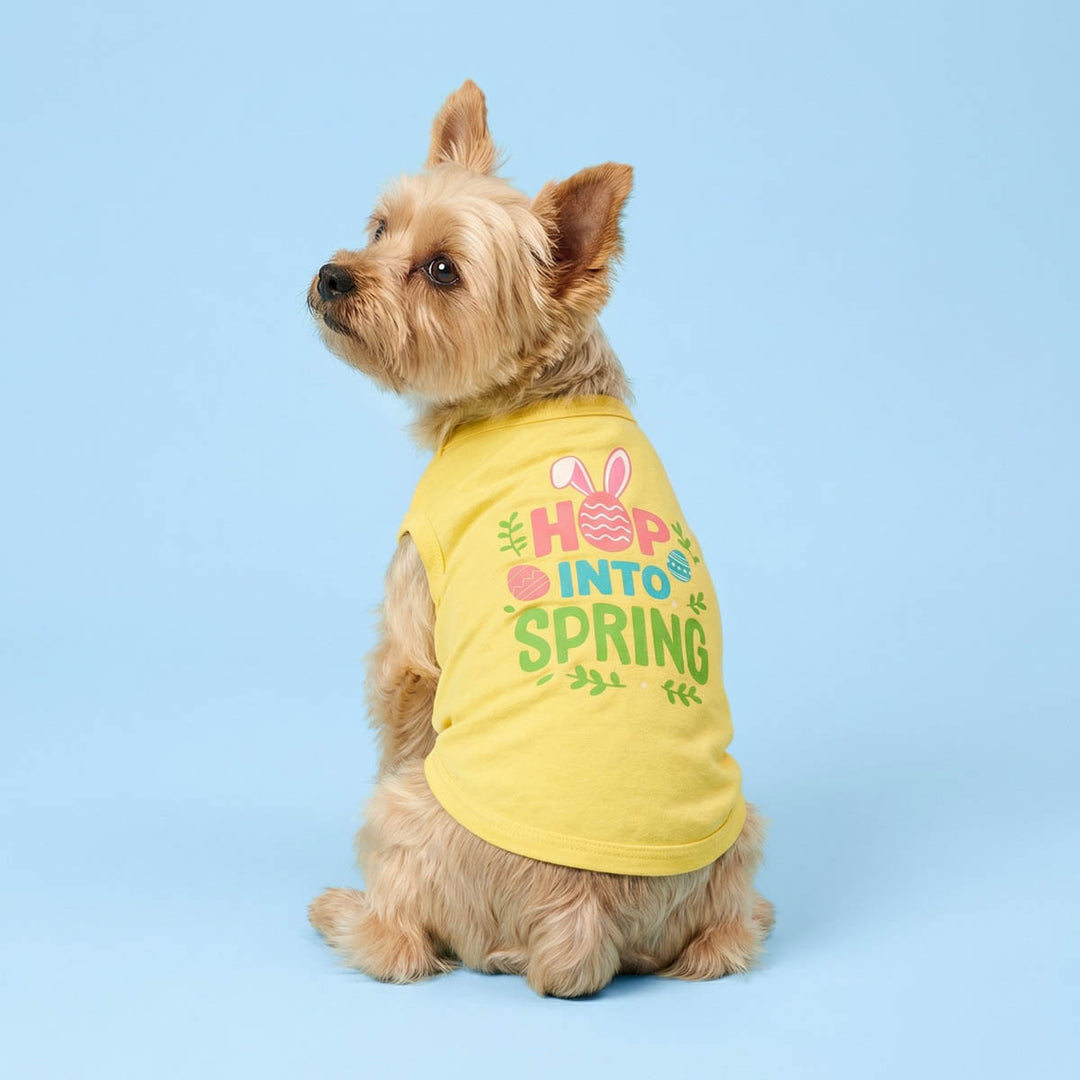 Back view of a Yorkie wearing a Easter dog tank top with 'Hop into Spring' lettering and Easter egg prints