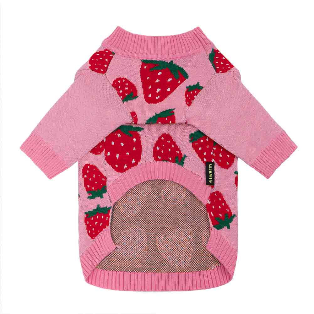 Pink dog sweater featuring red strawberries, designed for cozy and stylish pups.