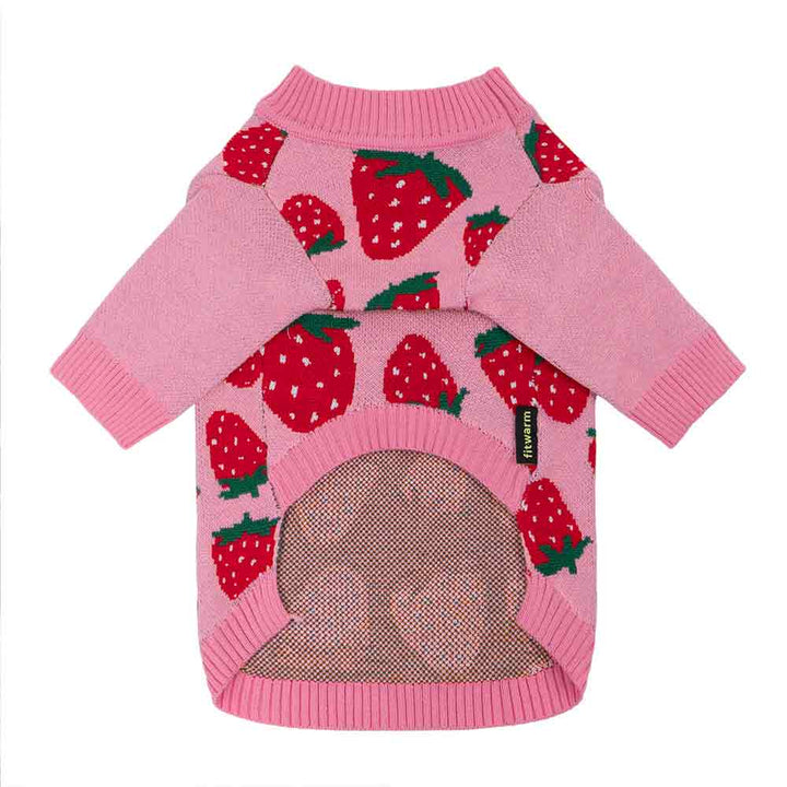 Pink dog sweater featuring red strawberries, designed for cozy and stylish pups.