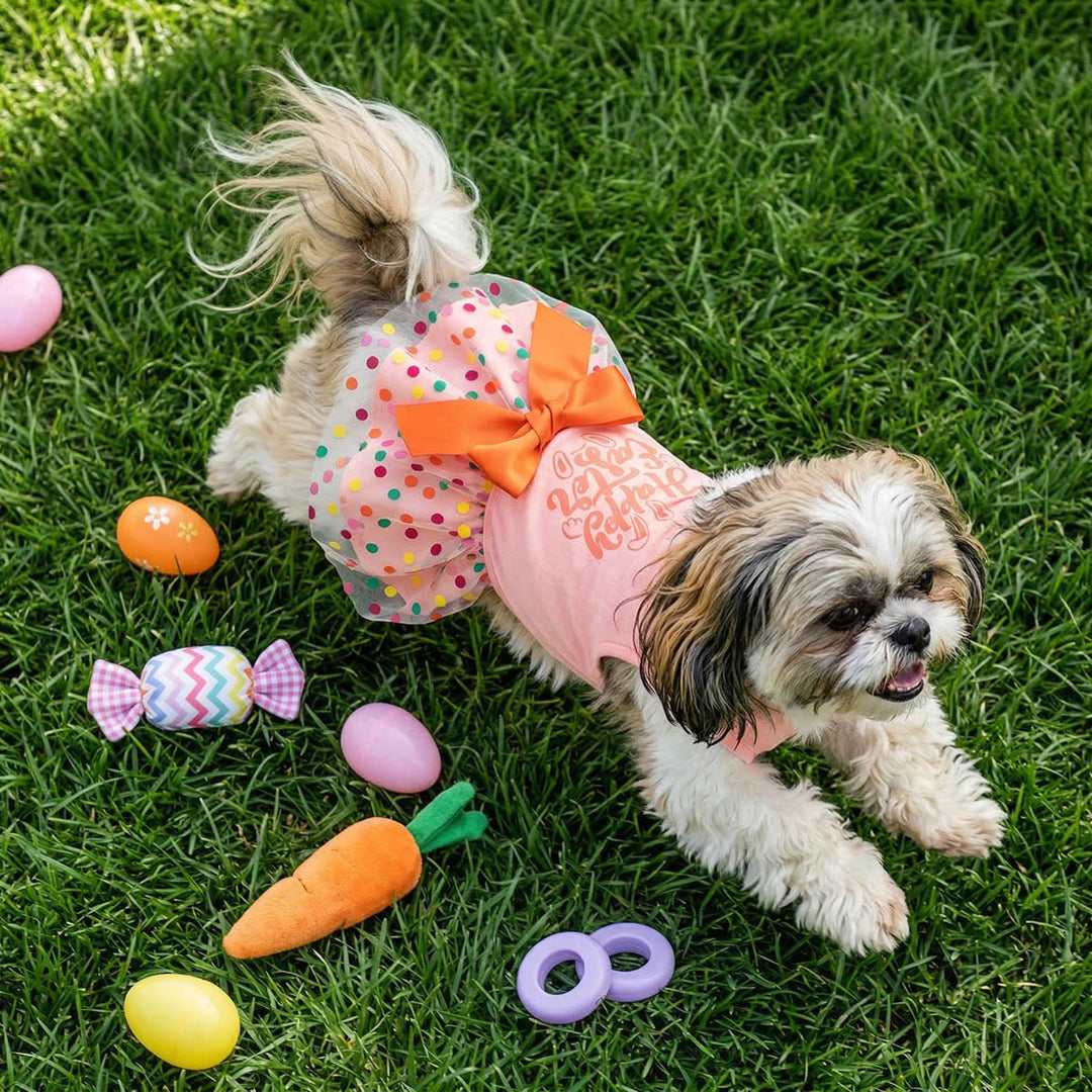 Happy Easter Dog Dress | Pink Tulle Tutu & Orange Bow Medium Happy Easter Dog Dress | Pink Tulle Tutu & Orange Bow Medium