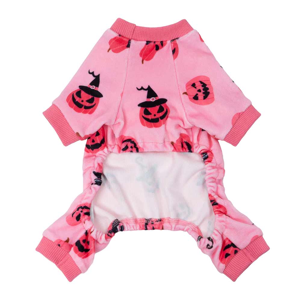 Bright pink full-body dog pajamas featuring festive Halloween pumpkins and witch hats, soft polyester-spandex for cozy wear.