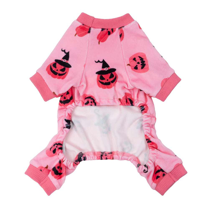 Bright pink full-body dog pajamas featuring festive Halloween pumpkins and witch hats, soft polyester-spandex for cozy wear.