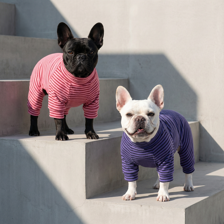 Two French bulldogs wearing striped dog onesies on concrete steps
