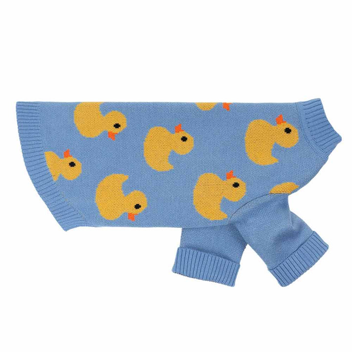 Blue dog sweater with bright yellow ducks, soft knit fabric and ribbed design for comfortable fall wear.