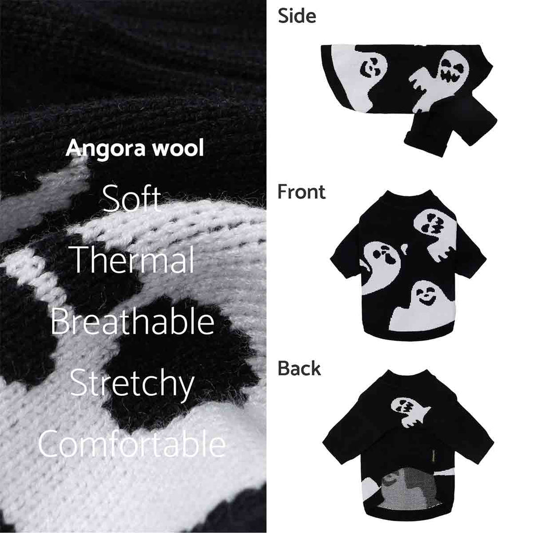 Black knit ghost dog sweater, pullover style, soft and stretchy fabric with white spooky ghost patterns for Halloween fun.