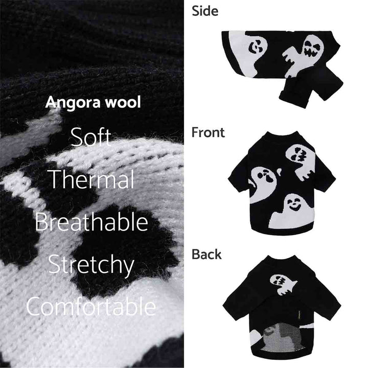 Black knit ghost dog sweater, pullover style, soft and stretchy fabric with white spooky ghost patterns for Halloween fun.