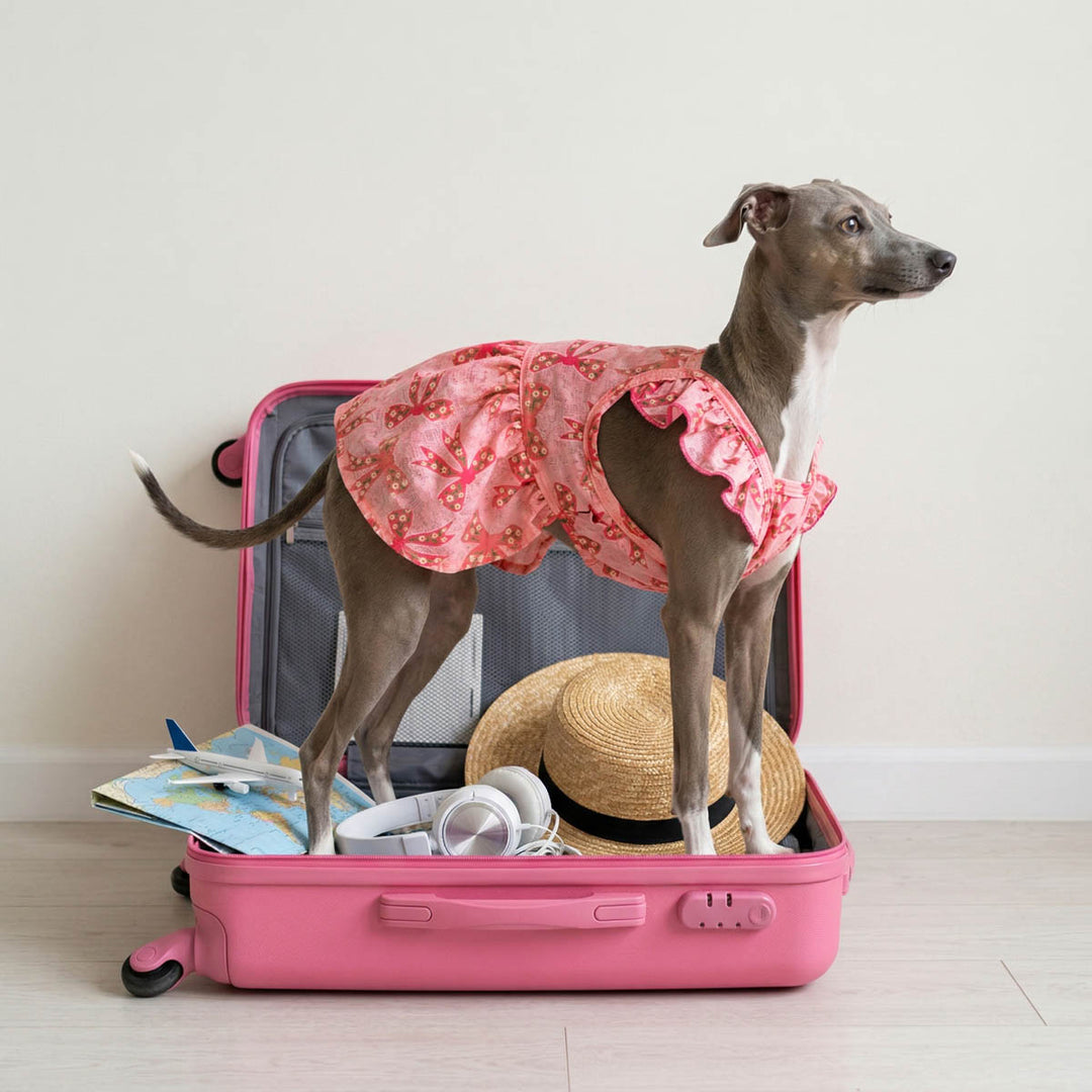 Dog wearing a pink dress for dogs standing inside an open pink suitcase with travel items on a light wooden floor