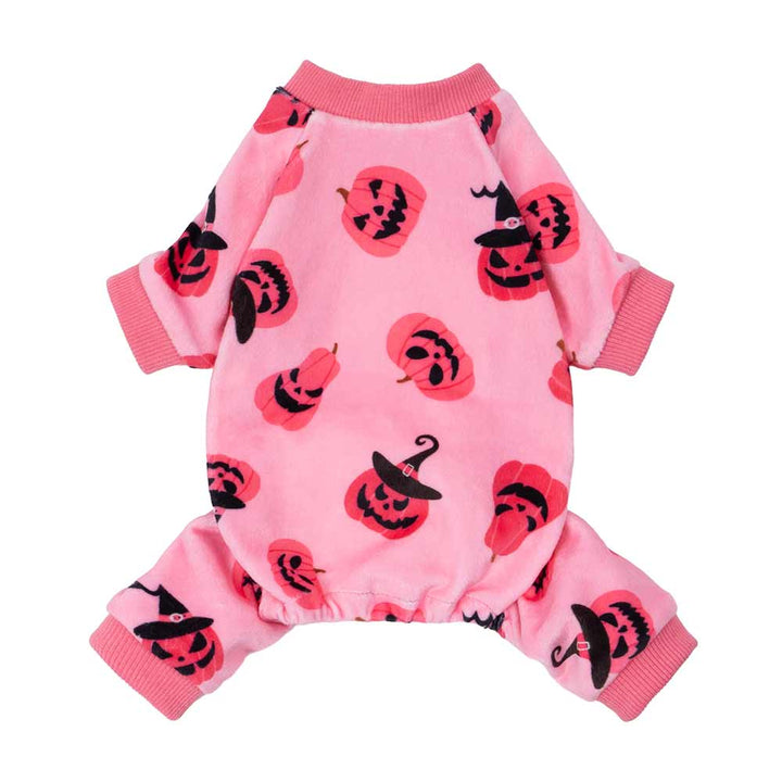 Pink dog onesie pajamas with Halloween jack-o'-lantern and witch hat patterns. Soft, stretchy polyester for cozy comfort.