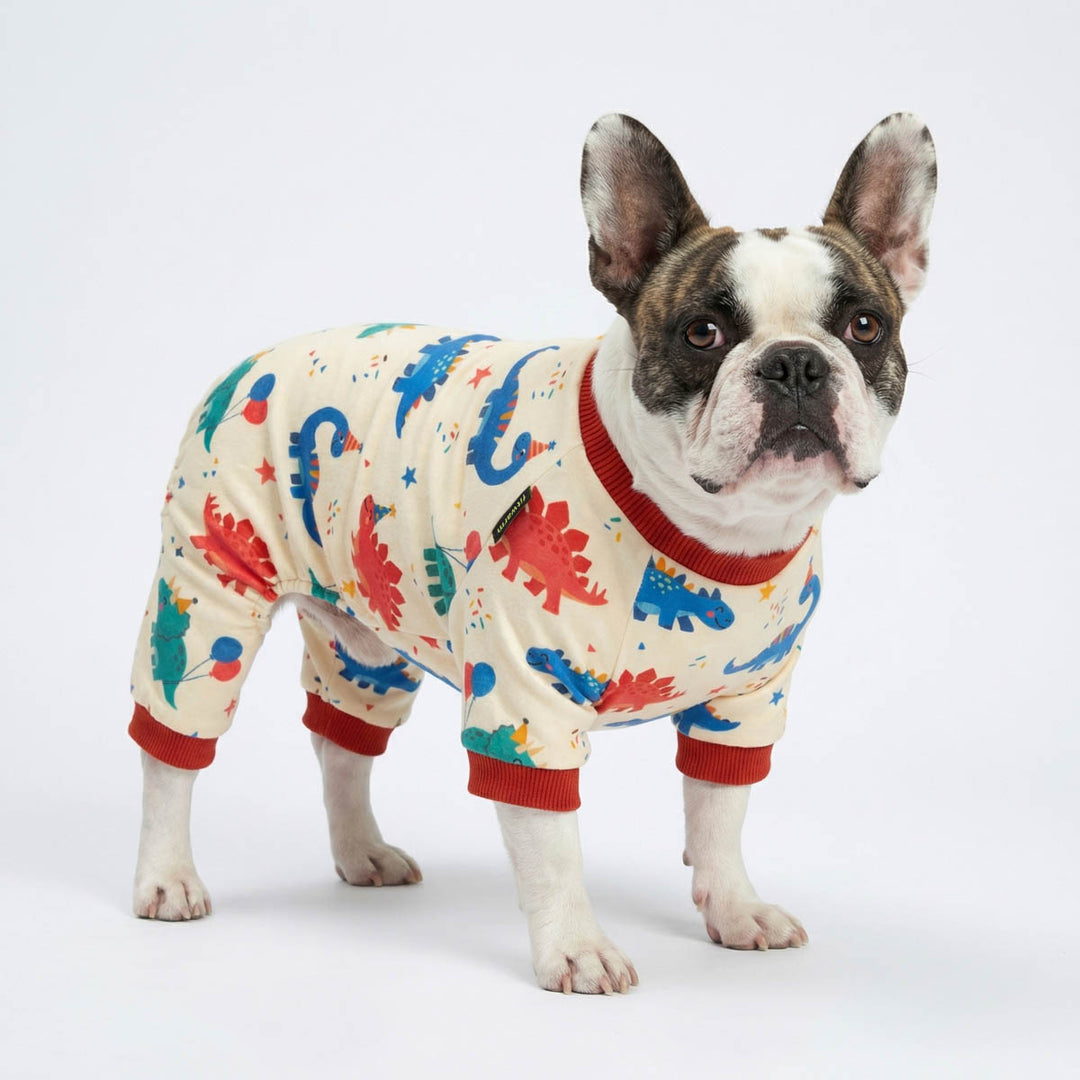 French Bulldog standing on a white background with dinosaur pajamas for dogs