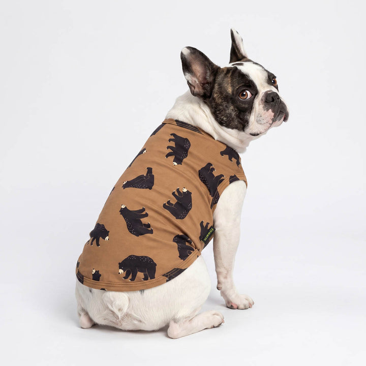 Back view of French Bulldog in a sleeveless shirt for dogs with all over black bear prints