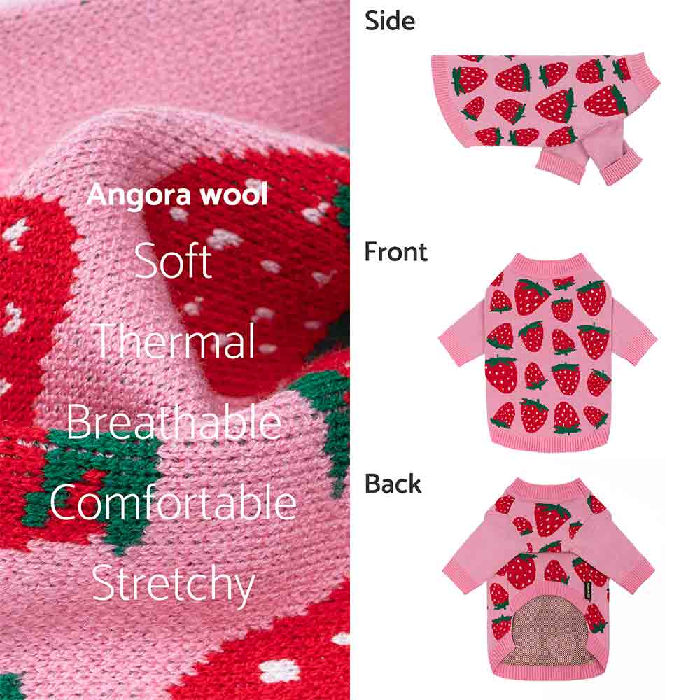 Pink strawberry-knit dog sweater shown from side, front, back with soft fabric close-up.