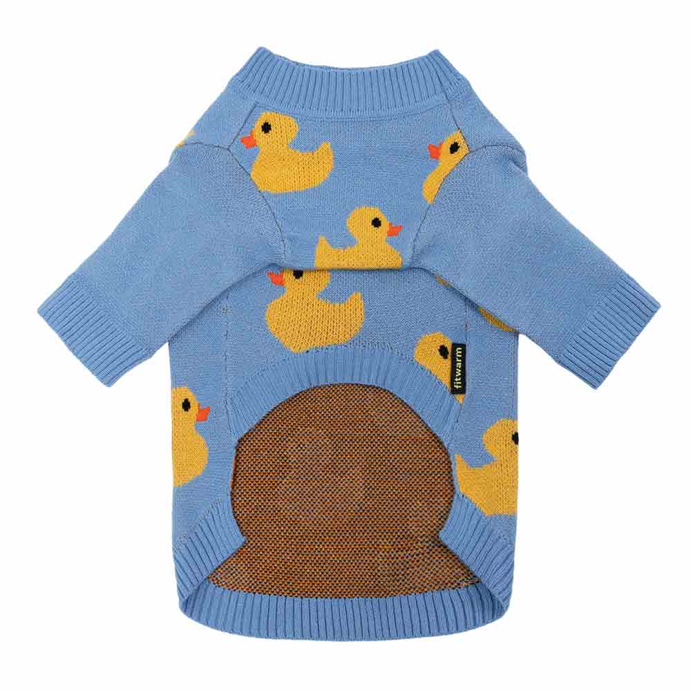 Soft knit light blue dog sweater with playful yellow duck print. Ribbed neck and flexible design for small dogs.
