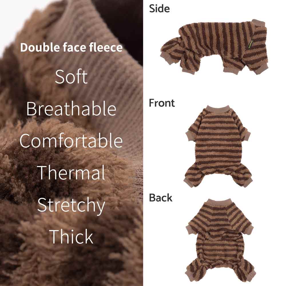 Brown striped dog pjs with text describing features on a white background
