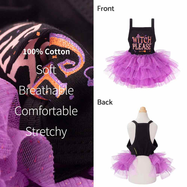 Halloween dog tutu dress with sparkly 'Witch Please' graphic in black and purple, featuring multi-layered tulle skirt.
