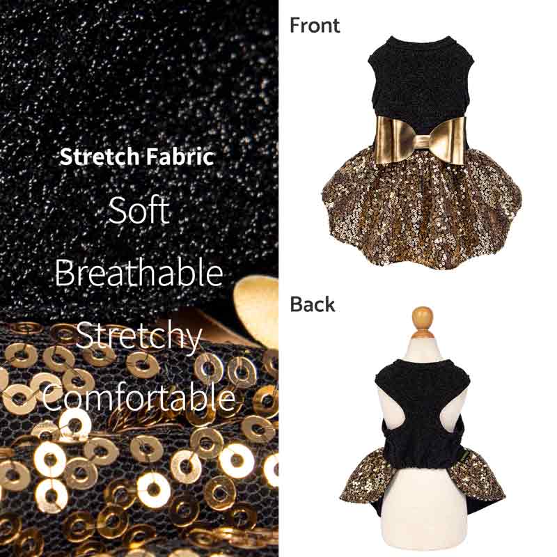 Gold Sequin Dog Dress | Sparkly Pet Party Attire Black / Medium Gold Sequin Dog Dress | Sparkly Pet Party Attire Black / Medium
