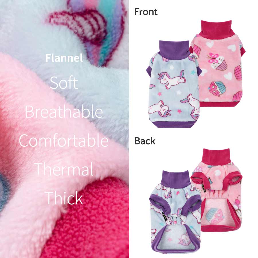 Two cozy fleece dog sweaters: blue unicorn print with purple trim, pink cupcake print with magenta trim. Product showcase.
