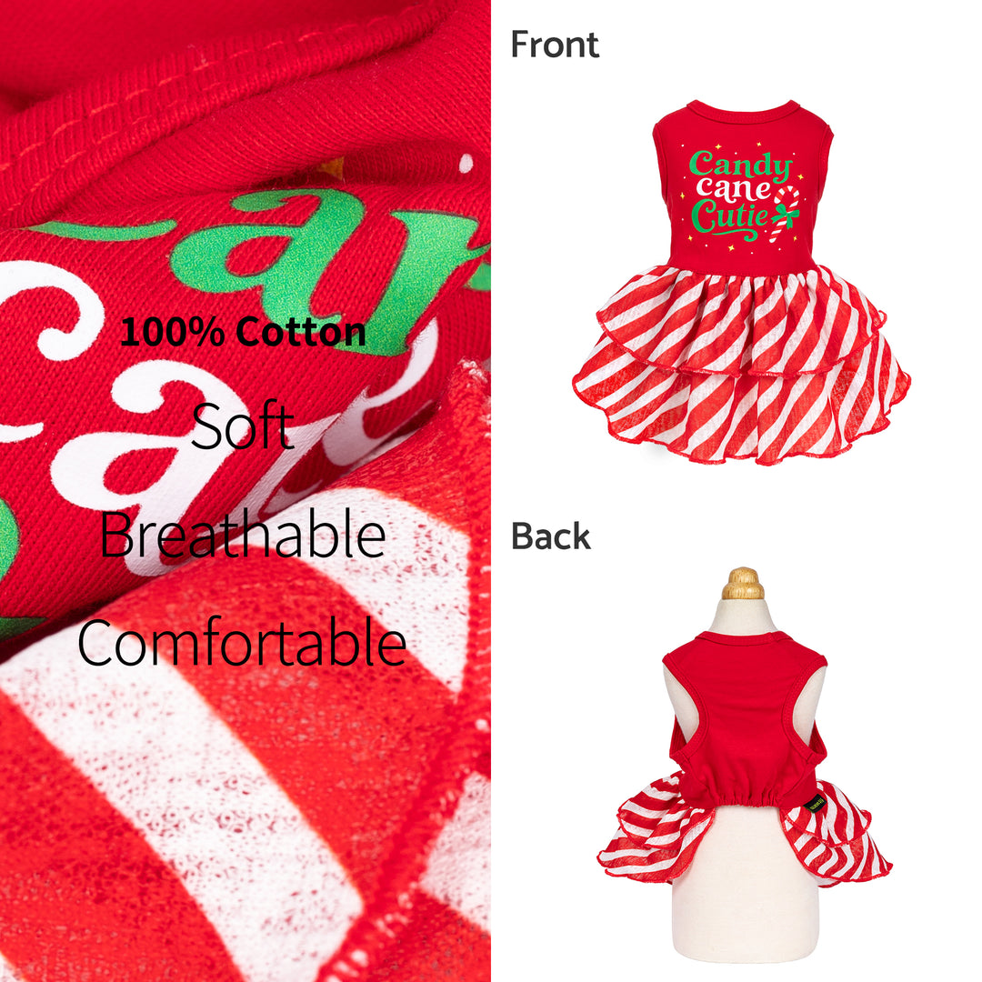 Fabric detail of red Dog dress with full view of front and back styles