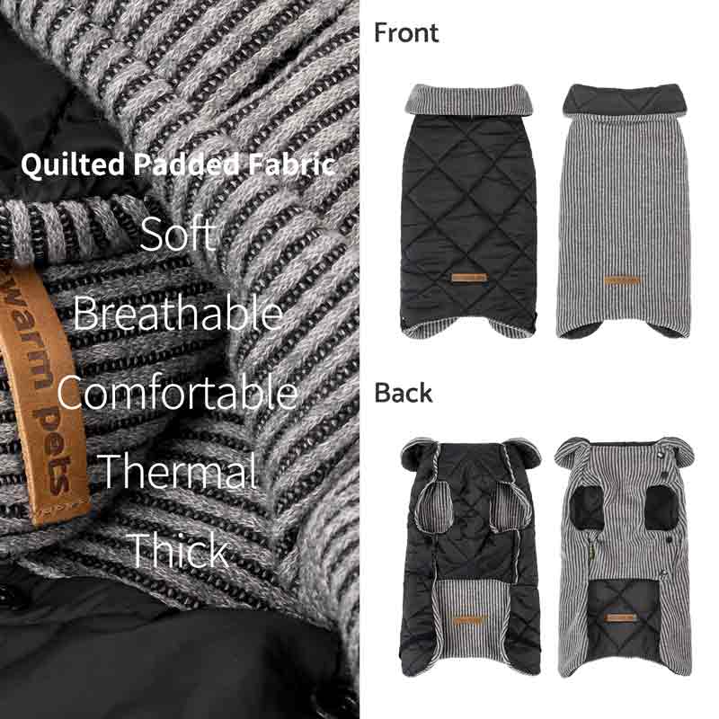 Reversible dog coat in quilted padded fabric, showing front and back views with black and gray striped design.