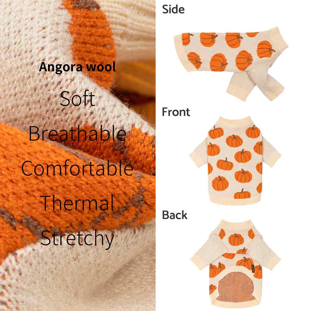 Dog sweater with pumpkin pattern on a white background, showing side, front, and back views.