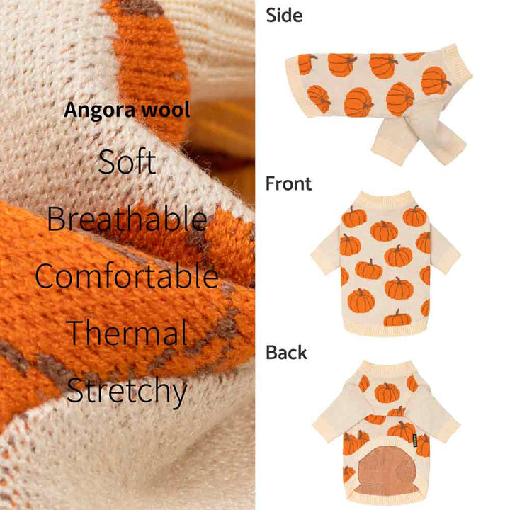 Dog sweater with pumpkin pattern on a white background, showing side, front, and back views.