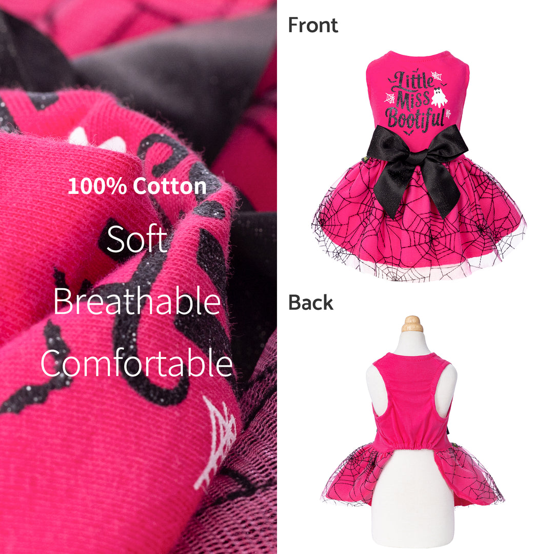 Pink Halloween dog dress with 'Little Miss Bootiful' print, black bow, spiderweb skirt. Features soft, breathable cotton.